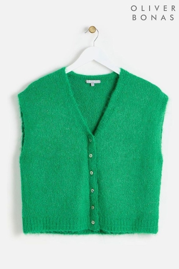 Oliver Bonas Green Button Up V-Neck Knitted Waistcoat (AL8031) | £0