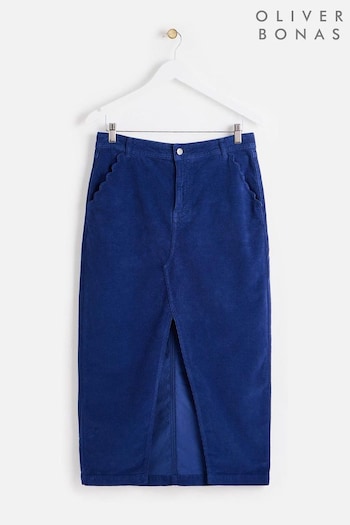 Oliver Bonas Blue Scalloped Pocket Corduroy Midi Skirt (AL8111) | £65