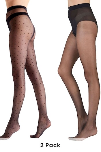 Pretty Polly All Over Heart 10 Denier Gloss Black Tights 2 Pack (AL8540) | £20