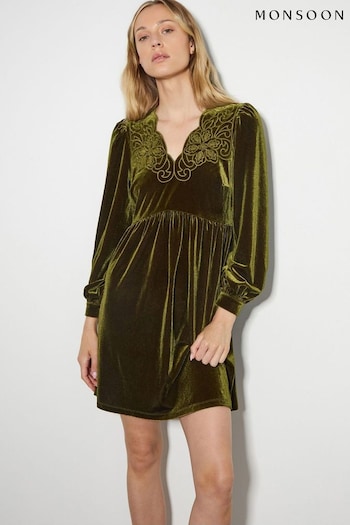 Monsoon Green Vicki Embroidered Velvet Mini Dress (AL8600) | £75