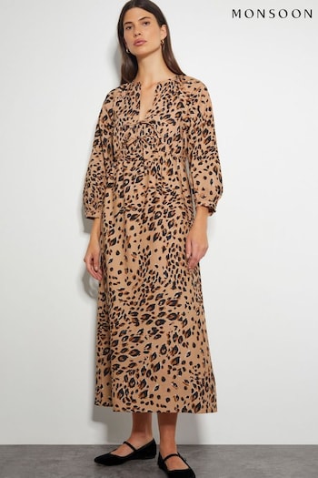 Monsoon Natural Raife Leopard Print Tie 100% Cotton Midi Dress (AL8621) | £75