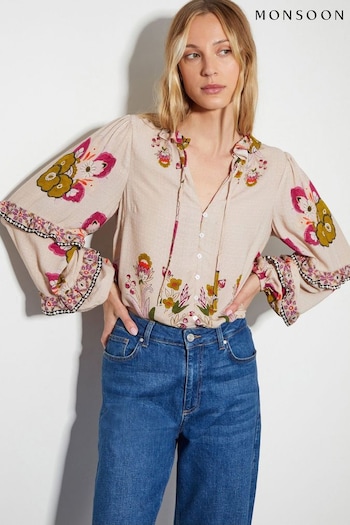 Monsoon Natural Kara Floral Ruffle Blouse (AL8624) | £59