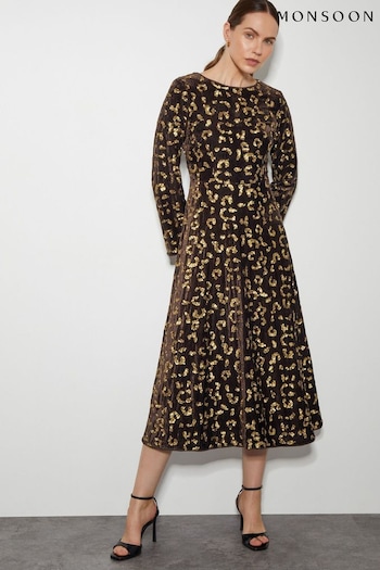 Monsoon Brown Arwen Sequin Leopard Velvet Midi Dress (AL8638) | £110