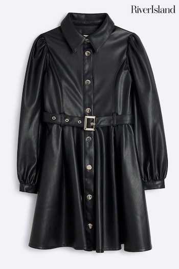 River Island Black Girls Faux Leather Shirt Dress (AL8747) | £32