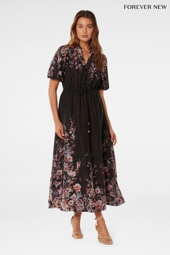 Forever New Black Adele Printed Midi Dress with a touch of Linen (AL8872) | £120