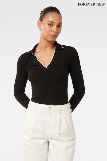 Forever New Black Reina Tipped Long Sleeves Polo Top (AL8911) | £40