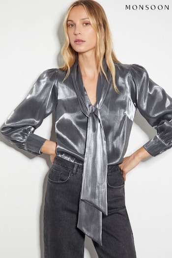 Monsoon Silver Orla Organza Pussybow Blouse (AL9077) | £70