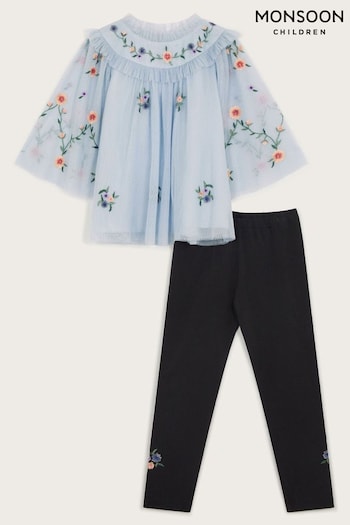 Monsoon Blue Embroidered Tulle Top and Leggings Set (AL9231) | £38 - £42