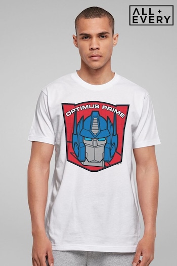 All + Every White Transformers Optimus Prime Retro Red Badge Mens 100% Cotton T-Shirt (AL9313) | £25