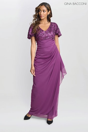 Gina Bacconi Purple Kaitlyn Embroidered Sequin Flutter Sleeve Cascade Dress (AL9633) | £299