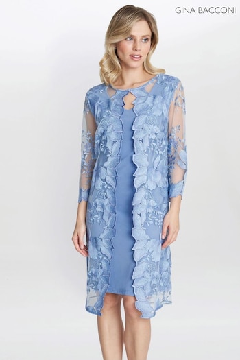 Gina Bacconi Blue Savoy Embroidered Lace Mock Jacket With Jersey Dress (AL9645) | £299