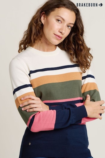 Brakeburn Blue Horizon Stripe Knitted Crew Neck 100% Cotton Jumper (AL9690) | £55