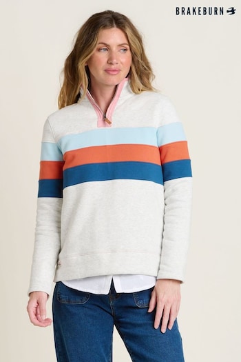 Brakeburn Cream 100% Cotton Chest Stripe Quarter Zip Sweatshirt (AM0031) | £60