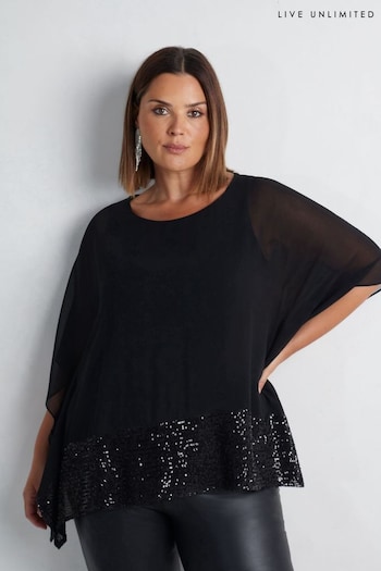 Live Unlimited Black Curve Chiffon Sequin Trim Overlayer Top (AM1786) | £65