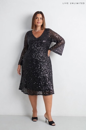 Live Unlimited Black Curve Mesh Sequin Long Sleeve Dress (AM1847) | £99