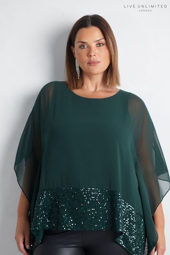 Live Unlimited Green Curve Chiffon Sequin Trim Overlayer Top (AM1852) | £65