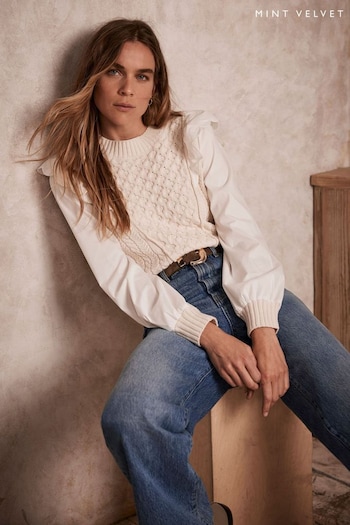 Mint Velvet White Cotton Sleeve Knit Jumper (AM2624) | £105