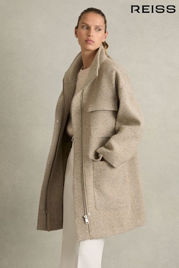 Reiss Neutral Amora Funnel-Neck Herringbone Coat With Wool (AM3670) | £428