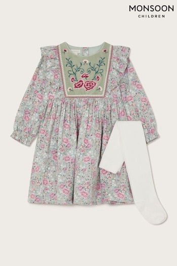 Monsoon Green Baby Long Sleeve Floral Dress and Tights Set (AM3999) | £32 - £36