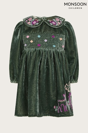 Monsoon Green Baby Woodland Embroidered Velour Dress (AM4009) | £30 - £34