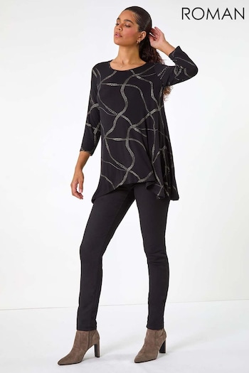 Roman Black Abstract Print Hanky Hem Stretch Top (AM4505) | £32