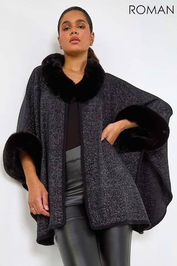 Roman Black Faux Fur Button Up Poncho (AM4514) | £48