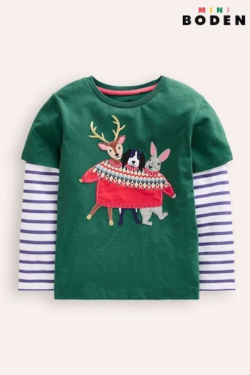 Boden Green Festive Applique Mock Sleeve 100% Cotton T-Shirt (AM4651) | £23 - £27