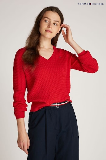 Tommy Hilfiger Red Cotton Cable  100% Cotton  V-Neck Jumper (AM4958) | £120