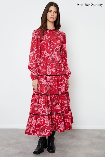 Another Sunday Red Floral Print Poplin Long Puff Sleeve Tiered Smock Midi Dress (AM6011) | £75