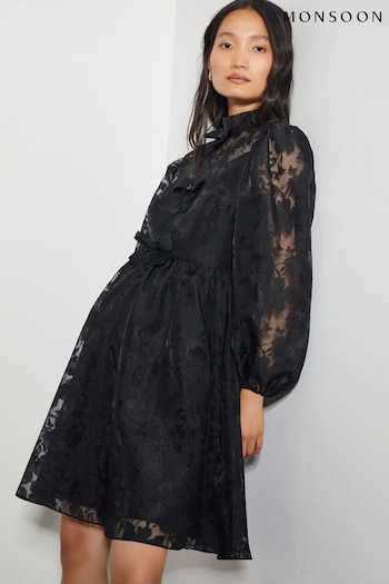 Monsoon Black Alba Floral Print Organza Mini Dress (AM6370) | £99