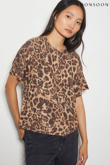 Monsoon Brown Amy Leopard Print Short Sleeve Jumper (AM6380) | £65