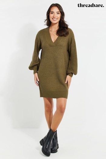 Threadbare Green V-Neck Knitted Jumper Dress (AM7970) | £34