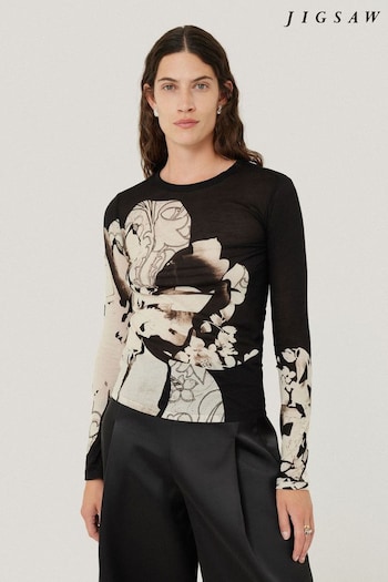 Jigsaw Black Collage Print Long Sleeve 100% Cotton Top (AM8297) | £69