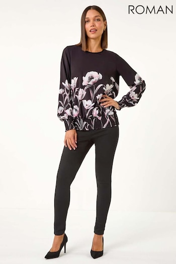 Roman Black Floral Print Shirred Hem Top (AM9943) | £40