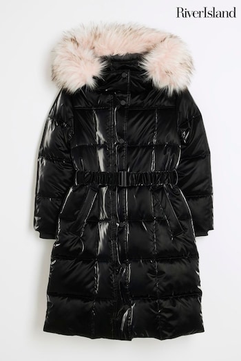 River Island Black Girls 100% Cotton Hooded Faux Fur Puffer Coat (AN1456) | £55