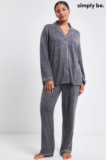 Simply Be Grey Pretty Secrets Brushed Ribbed Button Through Pyjama Set (AN2115) | £33