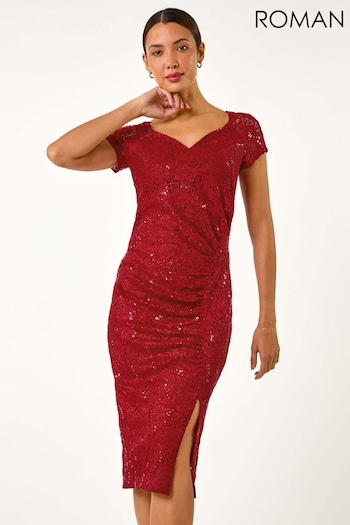 Roman Red Shimmer Lace Side Ruched Stretch Dress (AN2467) | £55