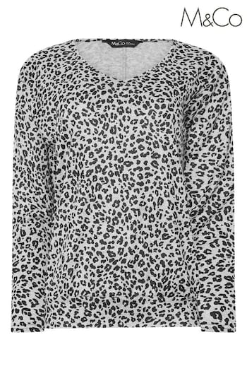 M&Co Grey Leopard Print V-Neck Long Sleeves Top (AN2687) | £30