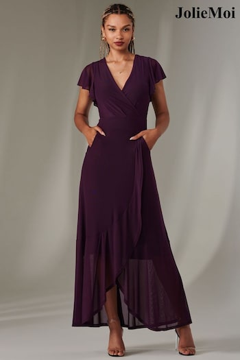 Jolie Moi Dark Purple Plain Wrap Mesh Maxi Dress (AN3001) | £79