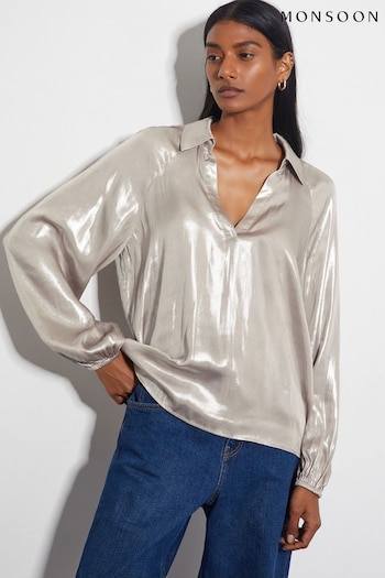 Monsoon Natural Lillie Metallic Collar Blouse (AN3038) | £65