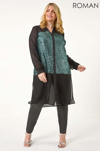 Roman Green Curve Sequin V-Neck Chiffon Blouse (AN3679) | £55