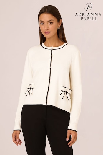 Adrianna Papell Crew Neck Tipped Bow Pocket Long Sleeve White Cardigan Sweater (AN5146) | £69