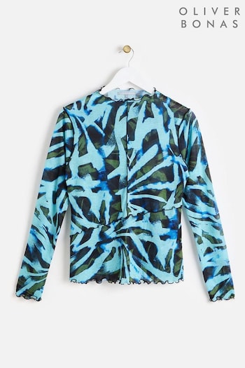 Oliver Bonas Blue Abstract Mesh Long Sleeve Top (AN5174) | £40