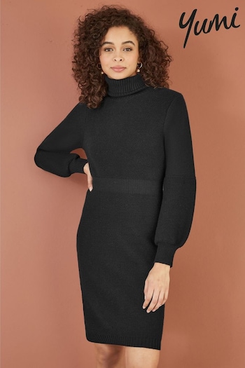 Yumi Black Roll Neck Knitted Dress With Fitted Waist (AN5992) | £65