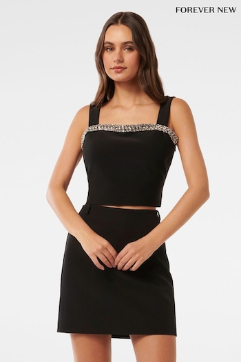 Forever New Black Camilla Embellished Trim Crepe Top (AN6054) | £50