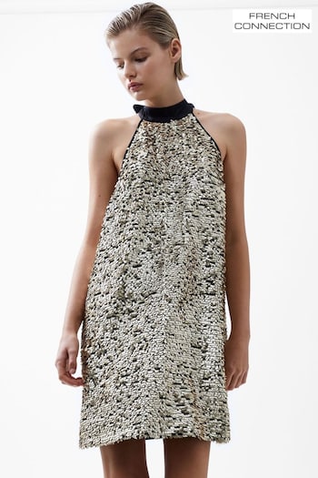 French Connection Gold Elah Sequin Halter Neck Dress (AN6107) | £150