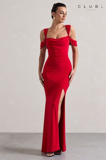 Club L London Red Amoura Square Neck Draped Wrap Maxi Dress (AN6531) | £75