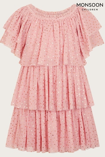 Monsoon Pink Metallic Star Tiered Mesh Dress (AN6866) | £36 - £41