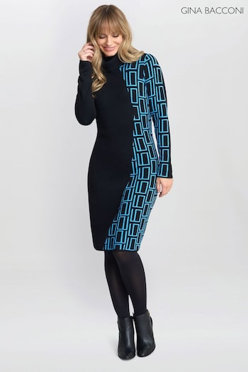 Gina Bacconi Ann Geometric Knit Poloneck Black Dress (AN6944) | £135