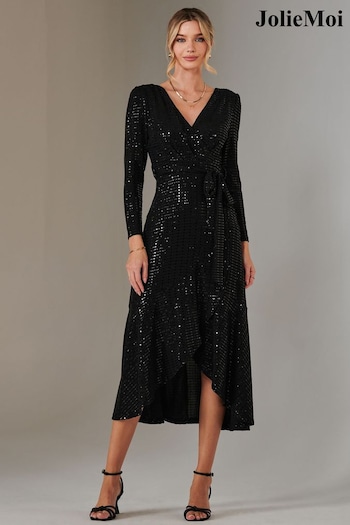 Jolie Moi Charcoal Black Long Sleeve Metallic Spot Maxi Dress (AN7130) | £75